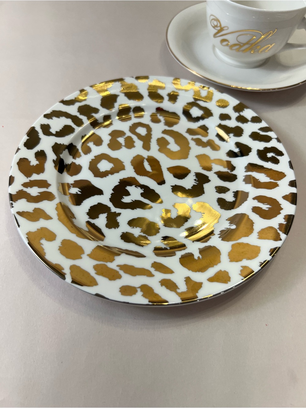 Leopard Print Dessert Plate | White & Gold Ceramic